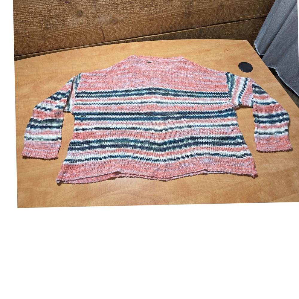 ONeill Womens XL Striped Knit Sweater Coral Teal White Drop Shoulder Relaxed - Picture 2 of 8
